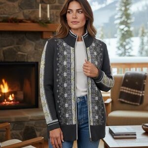 Eddie Bauer Fair Isle Nordic Full Zip Cardigan Sweater Brushed Cotton M